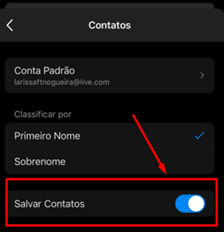 Tela do iHelp: Exporte os contatos pelo Outlook