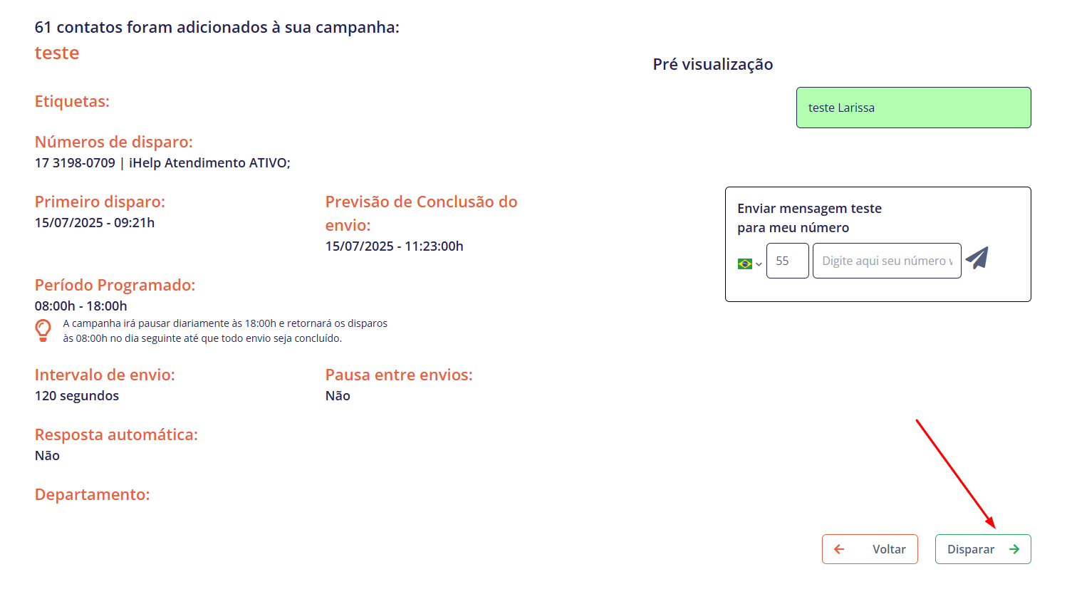 Tela do iHelp: Revisando e disparando a campanha