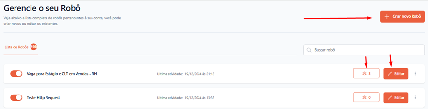 Tela do iHelp: Como editar um robô já existente