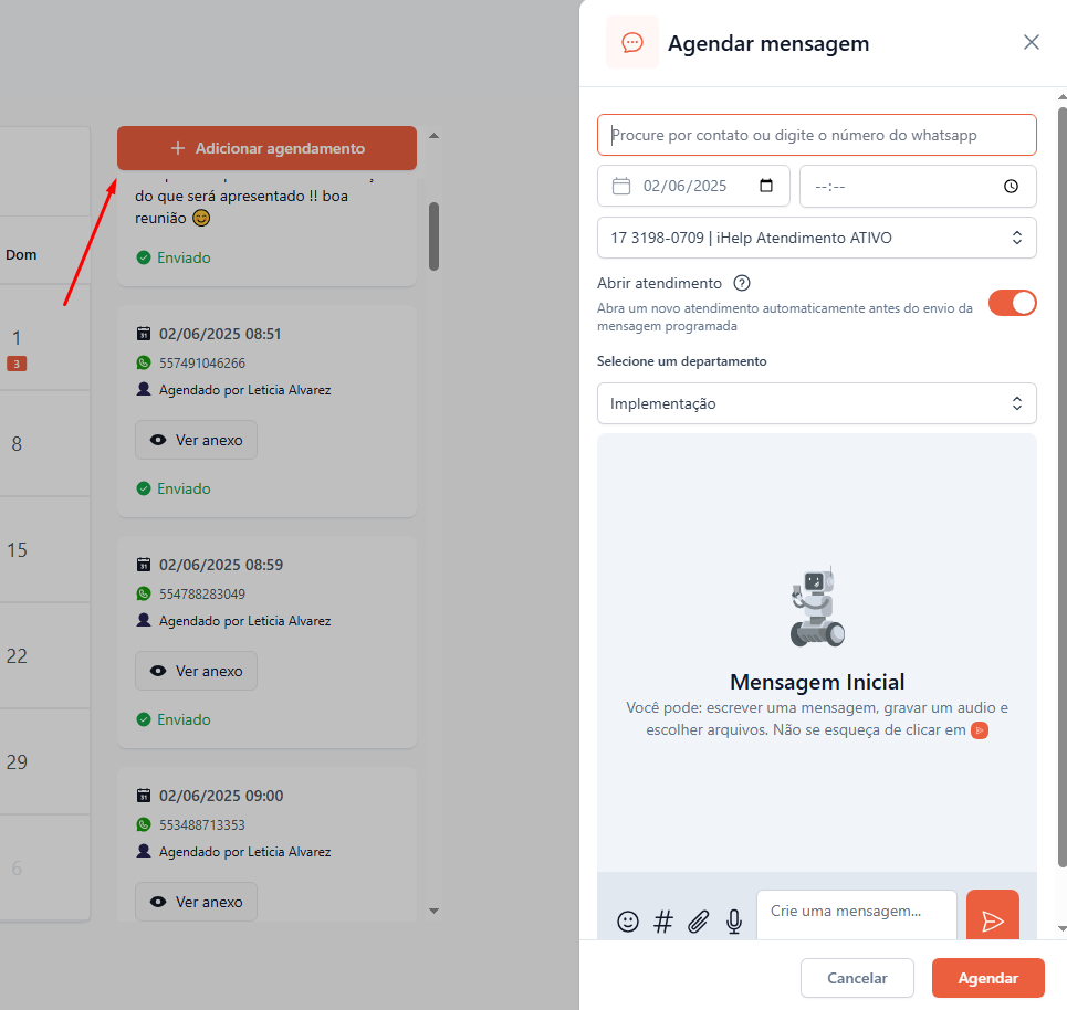 Tela do iHelp: Calendário de agendamento de mensagens