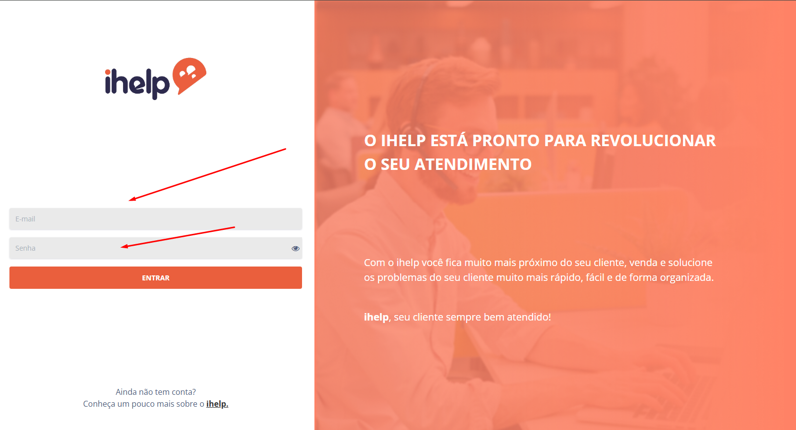 Tela do iHelp: Realizar o login na plataforma