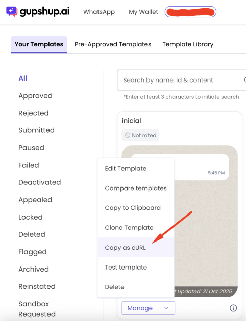 Menu do template na Gupshup com a opção Copy as cURL