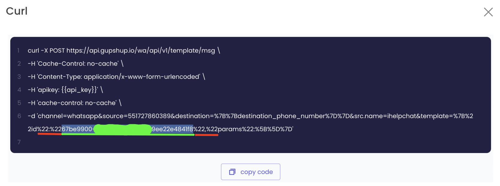 cURL da Gupshup com o ID do template destacado entre os %22