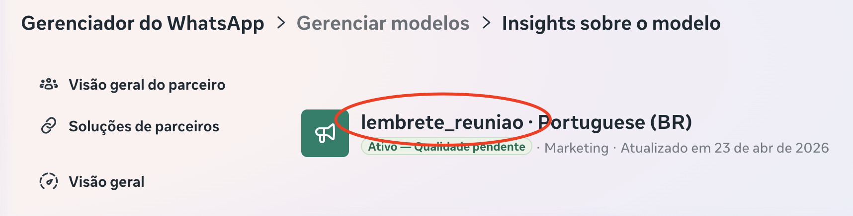 Detalhe do template no Gerenciador do WhatsApp com o nome destacado