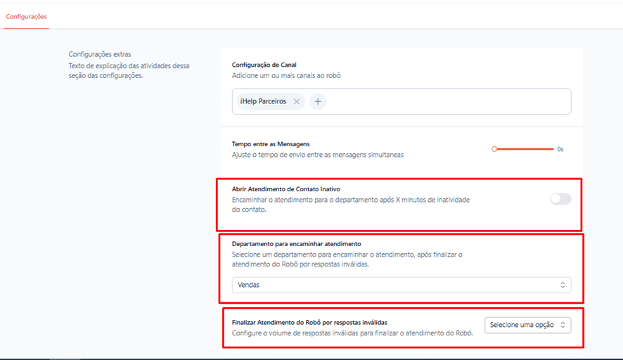 Tela do iHelp: Configurações extras