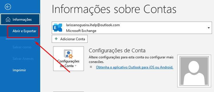 Tela do iHelp: Vá para o Outlook no Desktop