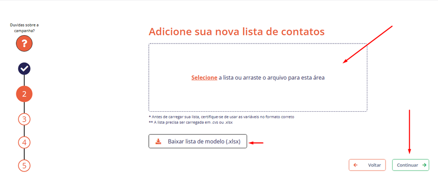 Etapa de envio da planilha de contatos da campanha